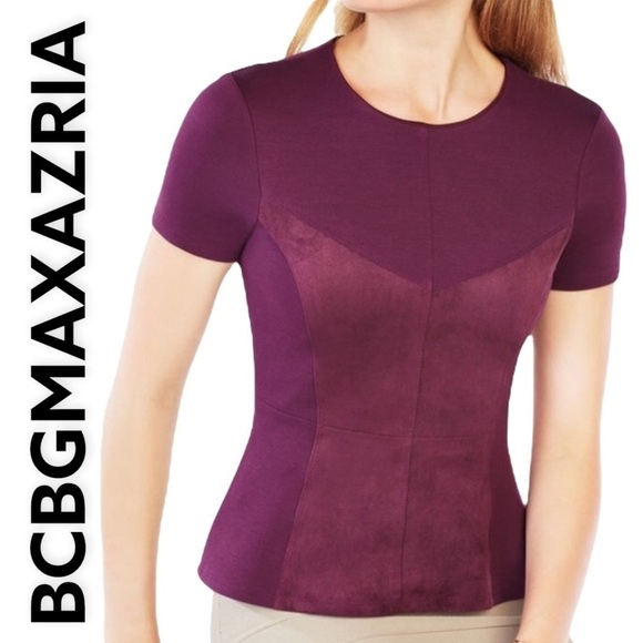BCBGMAXAZRIA Denna Faux Suede Peplum Top in Plum, Size XXS - Picture 1 of 12